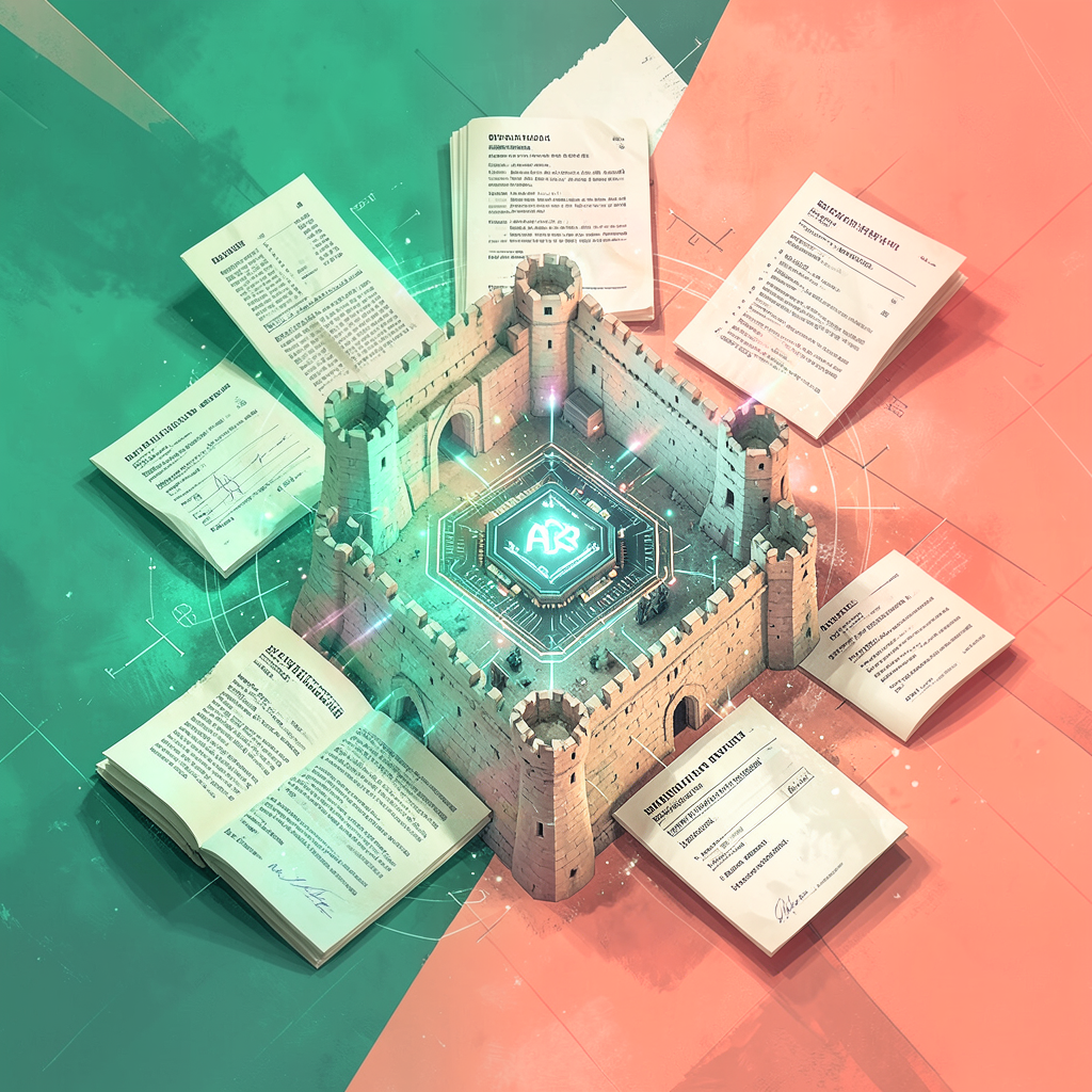Abstract image of an AI platform protected by policy, partnerships, and procurement layers