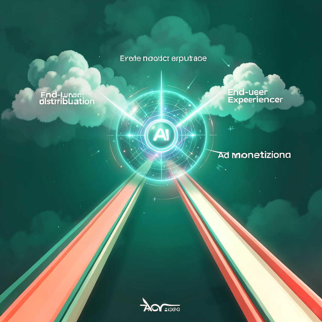 Three-track AI business model with cloud, product, and advertising rails branching from one core model stack