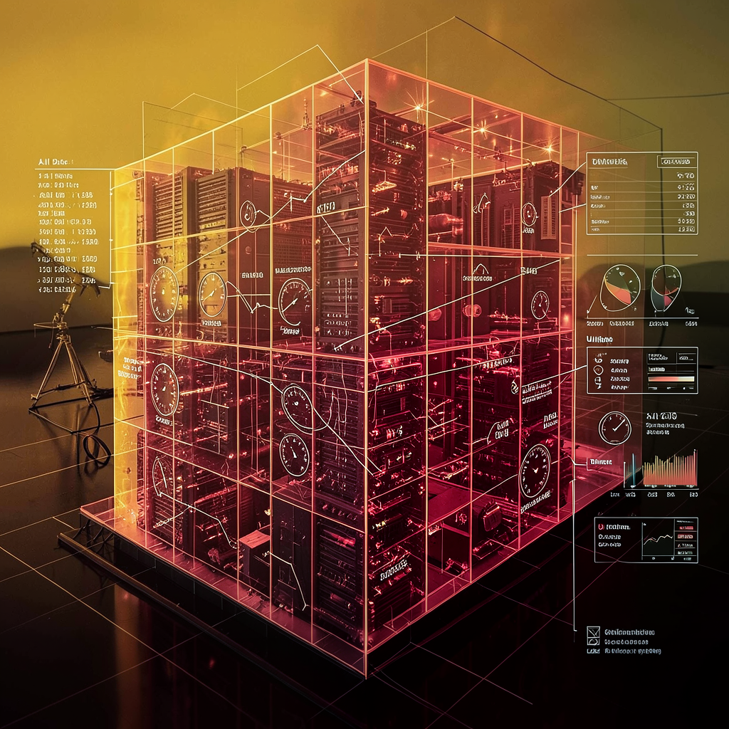 Rows of AI servers with financial and capacity charts projected across them