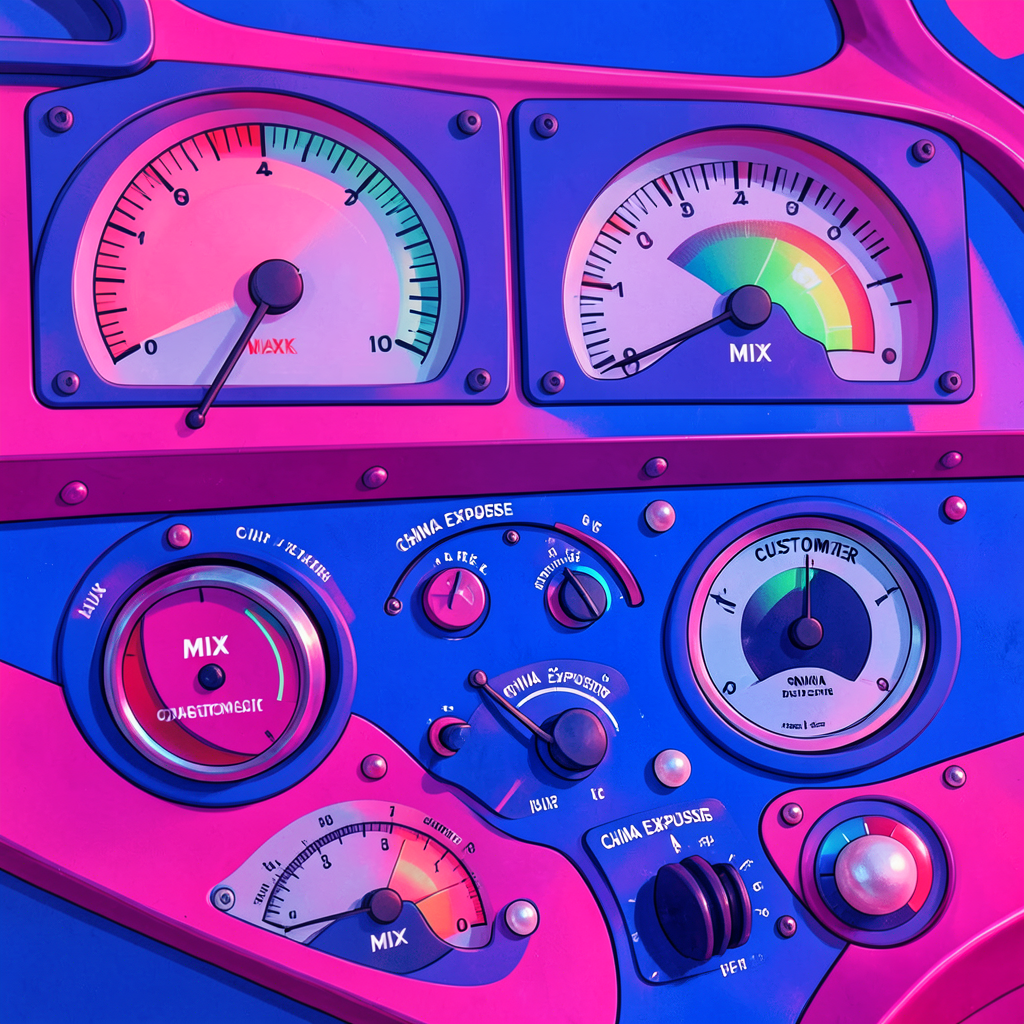 Abstract dashboard showing AI growth metrics alongside customer-mix and risk controls